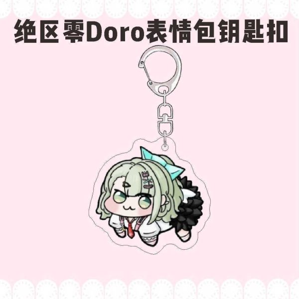 Zenless Zone Zero characters drawn in funny four-legged Doro meme style on acrylic keychains with silver metal clasps.