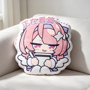 A collection of four images showing different 40cm custom-shaped plush pillows resting on a white sofa. Each pillow features a different chibi anime expression of the pink-haired character