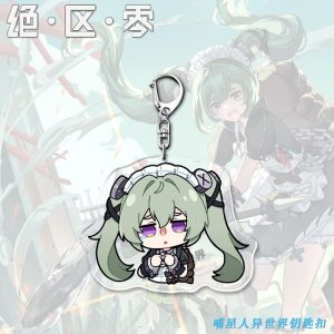 A collection of four clear acrylic keychains featuring the Zenless Zone Zero character Corin Wickes in a chibi art style. She is shown with various expressions including crying, shocked, nervous, and holding a blank sign.