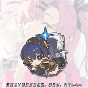 A collection of miniature flat acrylic phone charms featuring chibi anime characters, including a pink-haired girl, a tiger-eared girl, and a blue-haired girl, each attached to a small black lanyard string.
