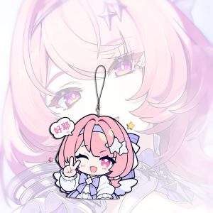 A collection of miniature flat acrylic phone charms featuring chibi anime art of Remiel from Zenless Zone Zero in various expressive poses, each attached to a small black lanyard string.