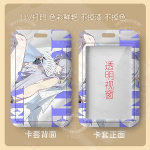 A sliding hard-shell card holder featuring a silver-haired anime character from Zenless Zone Zero in a blue outfit. The back shows the full character artwork, while the front features a clear transparent window for displaying ID cards.