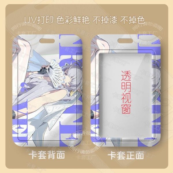 A sliding hard-shell card holder featuring a silver-haired anime character from Zenless Zone Zero in a blue outfit. The back shows the full character artwork, while the front features a clear transparent window for displaying ID cards.
