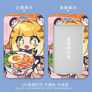 Five variations of a sliding hard-shell card holder featuring a blonde tiger-eared anime character named Ju Fufu from Zenless Zone Zero in various fun situations, including eating ramen and headbanging with headphones. The back shows the full character artwork, while the front features a clear transparent window for displaying ID cards.
