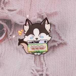 A catalog image showing five variations of clear acrylic pins featuring the husky dog Howl from Zenless Zone Zero holding different lucky scratch tickets, including bones, dog food, wolf faces, meat, and golden poop.