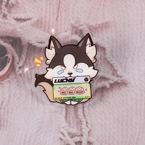 A catalog image showing five variations of clear acrylic pins featuring the husky dog Howl from Zenless Zone Zero holding different lucky scratch tickets, including bones, dog food, wolf faces, meat, and golden poop.