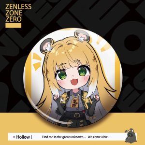 Glossy round button badge featuring chibi anime character Ju Fufu from Zenless Zone Zero holding bubble tea against a yellow accent background.
