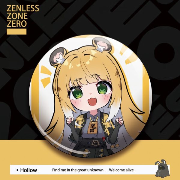 Glossy round button badge featuring chibi anime character Ju Fufu from Zenless Zone Zero holding bubble tea against a yellow accent background.