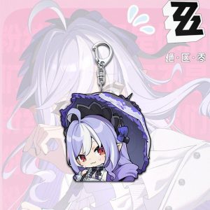 Cute chibi acrylic keychain featuring Zenless Zone Zero character Vivian with light purple hair and red eyes attached to a silver metal lobster clasp.