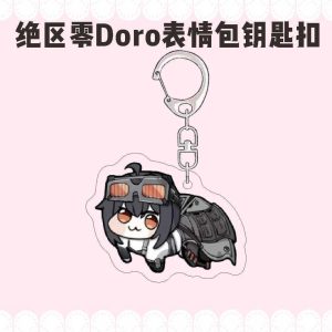 Zenless Zone Zero characters drawn in funny four-legged Doro meme style on acrylic keychains with silver metal clasps.