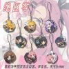 A collection of miniature flat acrylic phone charms featuring chibi anime characters, including a pink-haired girl, a tiger-eared girl, and a blue-haired girl, each attached to a small black lanyard string.