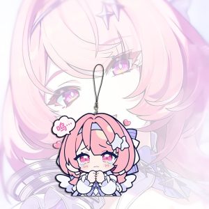 A collection of miniature flat acrylic phone charms featuring chibi anime art of Remiel from Zenless Zone Zero in various expressive poses, each attached to a small black lanyard string.