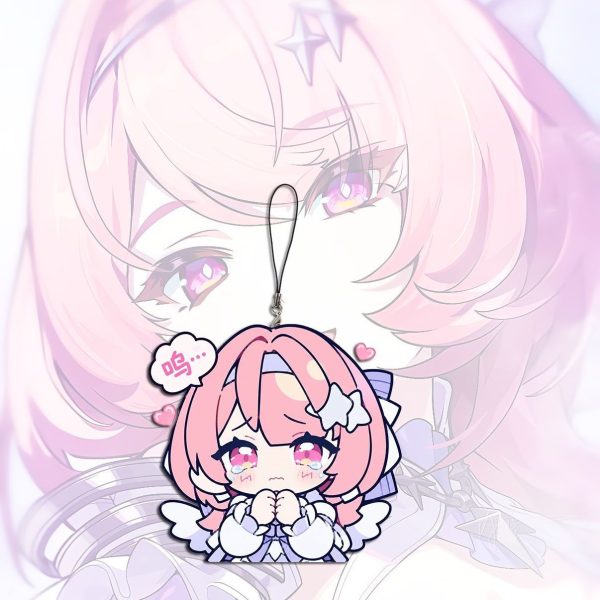 A collection of miniature flat acrylic phone charms featuring chibi anime art of Remiel from Zenless Zone Zero in various expressive poses, each attached to a small black lanyard string.