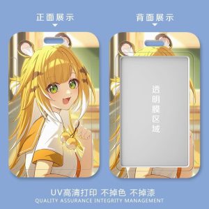 Five variations of a sliding hard-shell card holder featuring a blonde tiger-eared anime character named Ju Fufu from Zenless Zone Zero in various fun situations, including eating ramen and headbanging with headphones. The back shows the full character artwork, while the front features a clear transparent window for displaying ID cards.