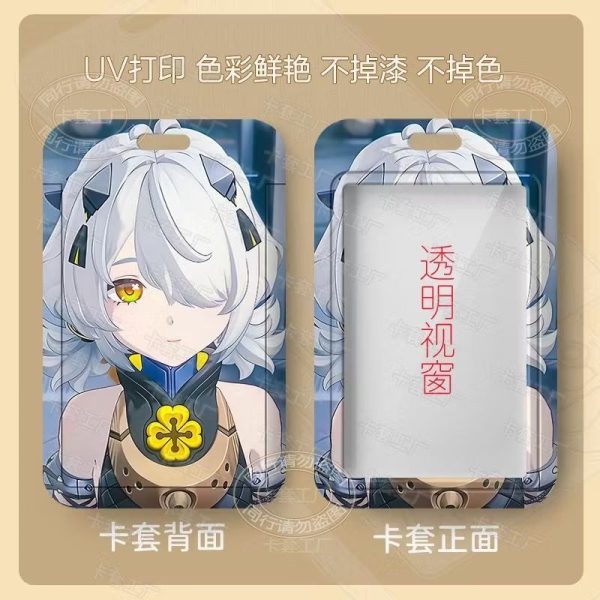 Multiple variations of a sliding hard-shell card holder featuring anime characters from Zenless Zone Zero, including Anby Demara and other stylish silver-haired agents. The back of the cases shows the full character artwork, while the front features a clear transparent window for displaying ID cards.