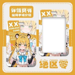 Multiple hard-shell sliding card holders featuring Zenless Zone Zero characters Ju Fufu and Yixuan in yellow and white themes. The front displays vibrant anime artwork and comic panels, while the back includes a large clear transparent display window and top lanyard slot.