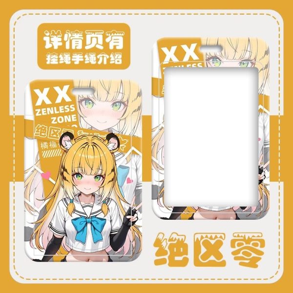 Multiple hard-shell sliding card holders featuring Zenless Zone Zero characters Ju Fufu and Yixuan in yellow and white themes. The front displays vibrant anime artwork and comic panels, while the back includes a large clear transparent display window and top lanyard slot.
