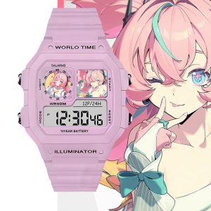 Light pink digital wrist watch featuring anime character Arai from Zenless Zone Zero printed inside screen sub-windows, set against character artwork backgrounds.