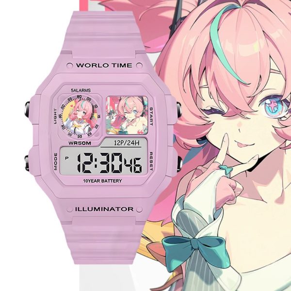 Light pink digital wrist watch featuring anime character Arai from Zenless Zone Zero printed inside screen sub-windows, set against character artwork backgrounds.
