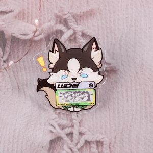 A catalog image showing five variations of clear acrylic pins featuring the husky dog Howl from Zenless Zone Zero holding different lucky scratch tickets, including bones, dog food, wolf faces, meat, and golden poop.
