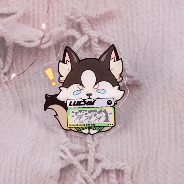 A catalog image showing five variations of clear acrylic pins featuring the husky dog Howl from Zenless Zone Zero holding different lucky scratch tickets, including bones, dog food, wolf faces, meat, and golden poop.