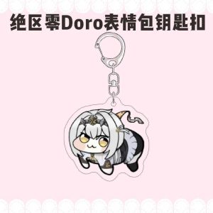 Zenless Zone Zero characters drawn in funny four-legged Doro meme style on acrylic keychains with silver metal clasps.