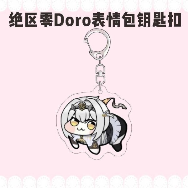 Zenless Zone Zero characters drawn in funny four-legged Doro meme style on acrylic keychains with silver metal clasps.