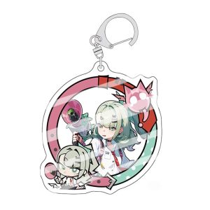 : Zenless Zone Zero avatar frame acrylic keychains displaying anime character portraits alongside matching mini chibi versions inside round decorative frames.