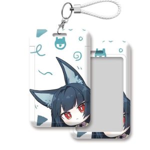 Two variations of a white sliding card holder featuring chibi anime characters from Zenless Zone Zero: Ellen Joe with shark motifs and Hoshimi Miyabi with abstract blue shapes. Both feature a clear ID window on the back and a white braided lanyard strap.