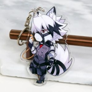 A clear acrylic keychain resting on a white marble surface, featuring a chibi anime illustration of the white wolf character Von Lycaon from Zenless Zone Zero wearing a suit and holding a pocket watch.