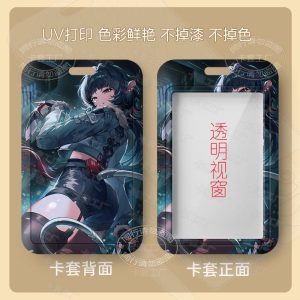 Multiple variations of a sliding hard-shell card holder featuring the dark-haired anime character Jane Doe from Zenless Zone Zero in various poses. The back of the cases shows the full character artwork, while the front features a clear transparent window for displaying ID cards.