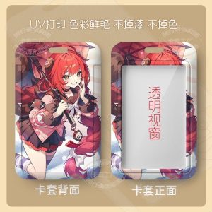 Hard plastic sliding card cases featuring red-haired Zenless Zone Zero character Fuwa Yuzuha. The front features a large transparent scan window and top lanyard slot, while the back showcases full-color anime artwork.