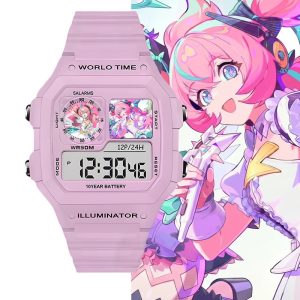 Light pink digital wrist watch featuring anime character Arai from Zenless Zone Zero printed inside screen sub-windows, set against character artwork backgrounds.