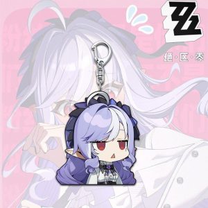 Cute chibi acrylic keychain featuring Zenless Zone Zero character Vivian with light purple hair and red eyes attached to a silver metal lobster clasp.