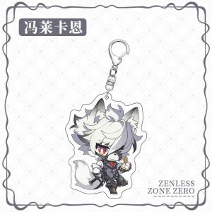 Chibi acrylic keychains of Zenless Zone Zero characters Corin, Ellen, Lycaon, and Rina from Victoria Housekeeping with silver metal clasps.