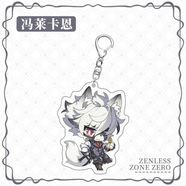 Chibi acrylic keychains of Zenless Zone Zero characters Corin, Ellen, Lycaon, and Rina from Victoria Housekeeping with silver metal clasps.