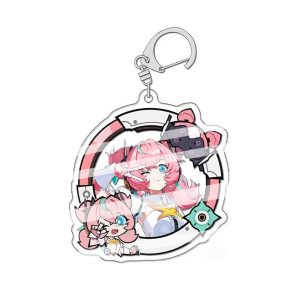 : Zenless Zone Zero avatar frame acrylic keychains displaying anime character portraits alongside matching mini chibi versions inside round decorative frames.