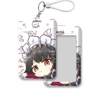 Two variations of a white sliding card holder featuring chibi anime characters from Zenless Zone Zero: Ellen Joe with shark motifs and Hoshimi Miyabi with abstract blue shapes. Both feature a clear ID window on the back and a white braided lanyard strap.
