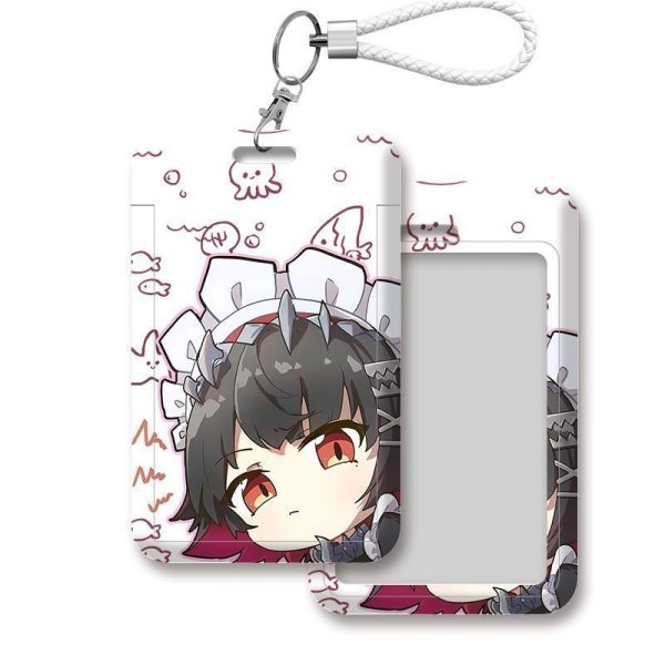 Two variations of a white sliding card holder featuring chibi anime characters from Zenless Zone Zero: Ellen Joe with shark motifs and Hoshimi Miyabi with abstract blue shapes. Both feature a clear ID window on the back and a white braided lanyard strap.