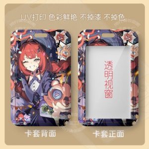 Hard plastic sliding card cases featuring red-haired Zenless Zone Zero character Fuwa Yuzuha. The front features a large transparent scan window and top lanyard slot, while the back showcases full-color anime artwork.