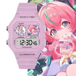 Light pink digital wrist watch featuring anime character Arai from Zenless Zone Zero printed inside screen sub-windows, set against character artwork backgrounds.