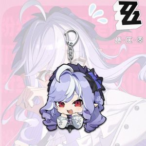 Cute chibi acrylic keychain featuring Zenless Zone Zero character Vivian with light purple hair and red eyes attached to a silver metal lobster clasp.