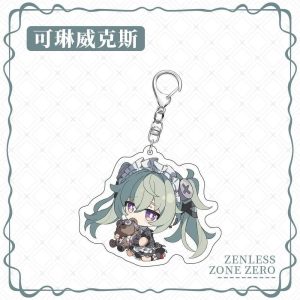 Chibi acrylic keychains of Zenless Zone Zero characters Corin, Ellen, Lycaon, and Rina from Victoria Housekeeping with silver metal clasps.