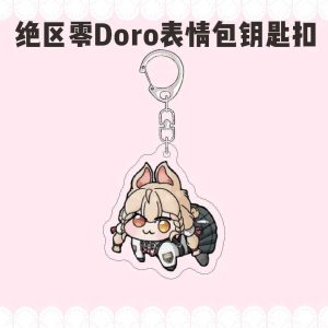 Zenless Zone Zero characters drawn in funny four-legged Doro meme style on acrylic keychains with silver metal clasps.