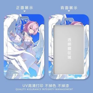 Zenless Zone Zero Remiel anime character with pink hair and white wings printed on a sliding plastic card holder with a clear back window.