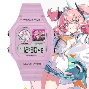 Light pink digital wrist watch featuring anime character Arai from Zenless Zone Zero printed inside screen sub-windows, set against character artwork backgrounds.