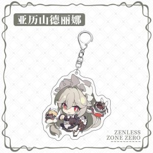 Chibi acrylic keychains of Zenless Zone Zero characters Corin, Ellen, Lycaon, and Rina from Victoria Housekeeping with silver metal clasps.