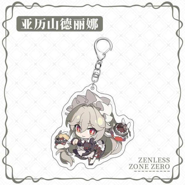 Chibi acrylic keychains of Zenless Zone Zero characters Corin, Ellen, Lycaon, and Rina from Victoria Housekeeping with silver metal clasps.