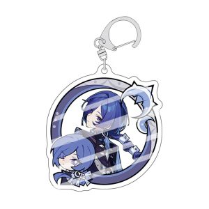 : Zenless Zone Zero avatar frame acrylic keychains displaying anime character portraits alongside matching mini chibi versions inside round decorative frames.