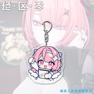 Zenless Zone Zero Remiel chibi acrylic keychains displaying funny gaming reaction expressions like crying, blushing, and cheering while holding a white game controller.